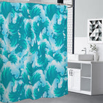 Blue Surfing Wave Pattern Print Shower Curtain