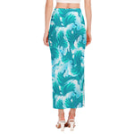 Blue Surfing Wave Pattern Print Side Slit Maxi Skirt