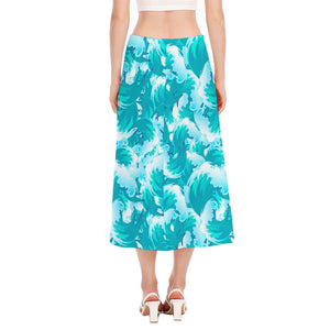 Blue Surfing Wave Pattern Print Side Slit Midi Skirt