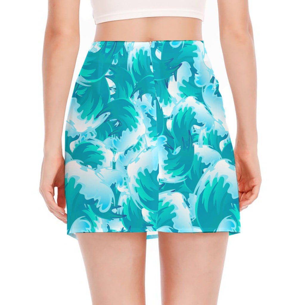 Blue Surfing Wave Pattern Print Side Slit Mini Skirt