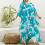 Blue Surfing Wave Pattern Print Silk V-Neck Kaftan Dress