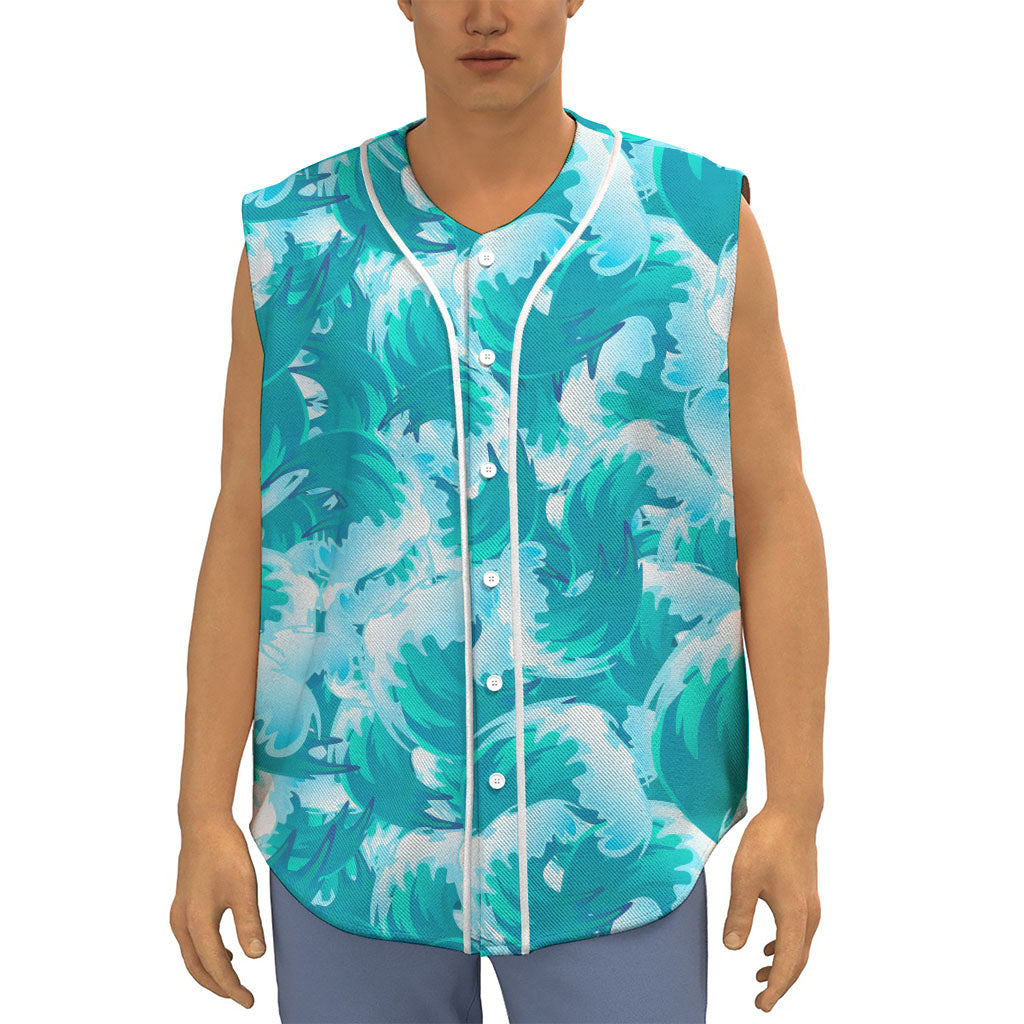 Blue Surfing Wave Pattern Print Sleeveless Baseball Jersey