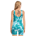 Blue Surfing Wave Pattern Print Sleeveless One Piece Swimsuit