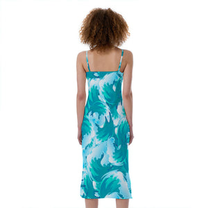 Blue Surfing Wave Pattern Print Slim Fit Midi Cami Dress