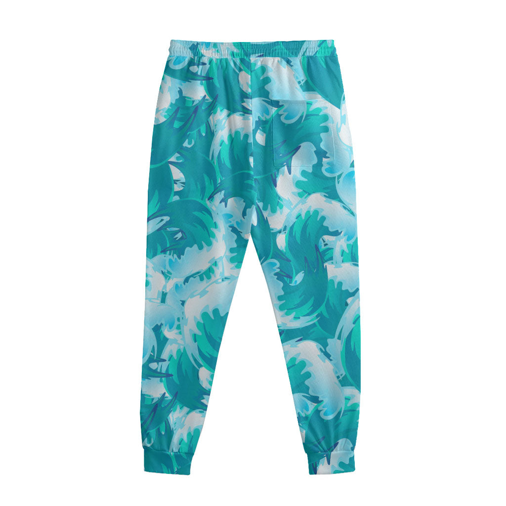 Blue Surfing Wave Pattern Print Sweatpants