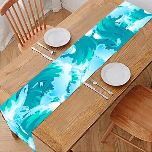 Blue Surfing Wave Pattern Print Table Runner