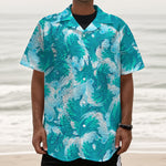 Blue Surfing Wave Pattern Print Textured Short Sleeve Shirt