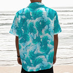 Blue Surfing Wave Pattern Print Textured Short Sleeve Shirt