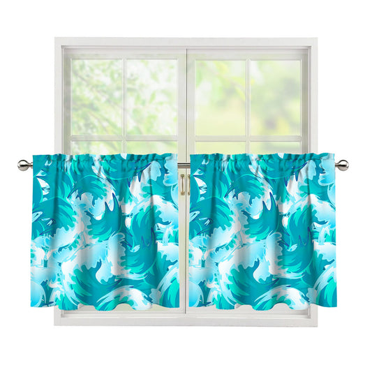 Blue Surfing Wave Pattern Print Tier Curtains