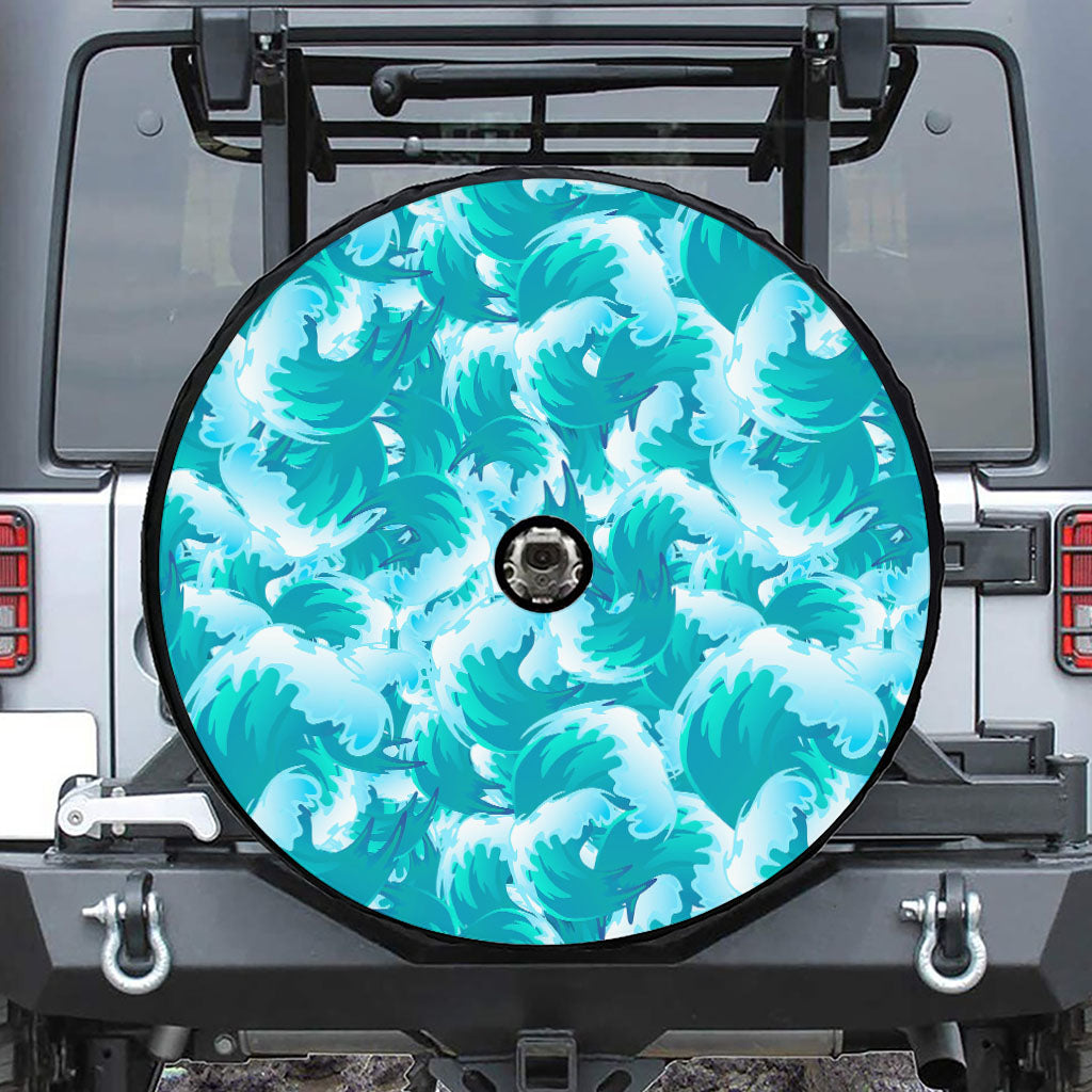 Blue Surfing Wave Pattern Print Tire Cover With Camera Hole