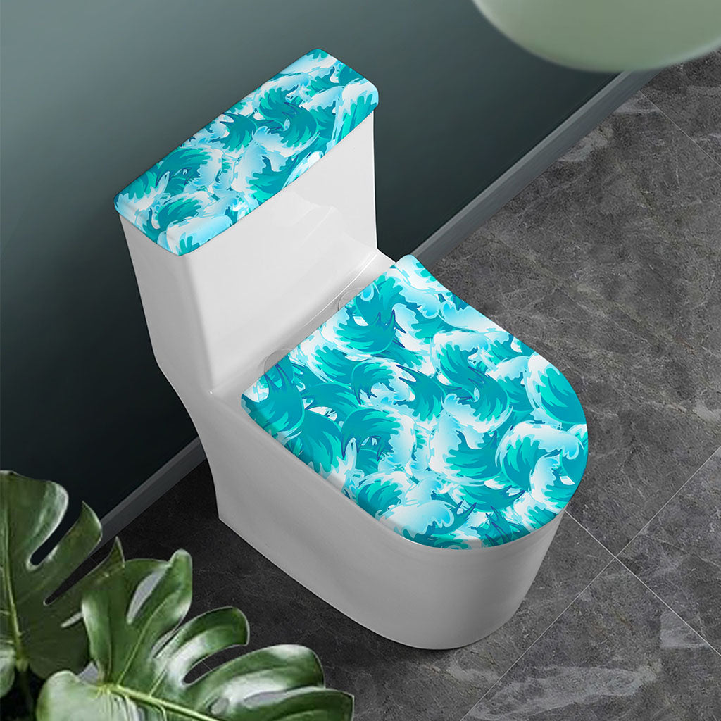 Blue Surfing Wave Pattern Print Toilet Lid And Tank Cover Set