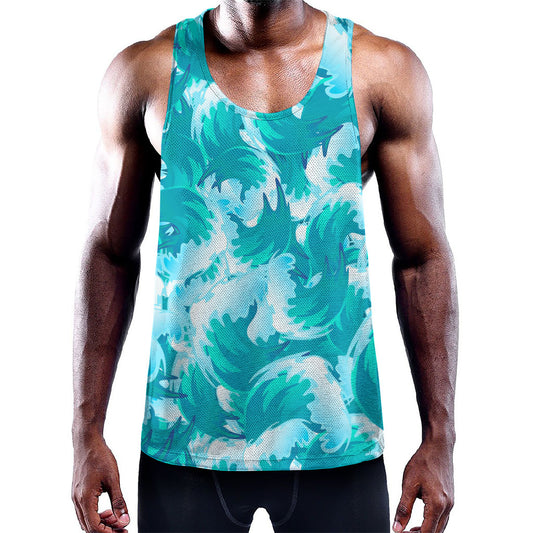 Blue Surfing Wave Pattern Print Training Tank Top