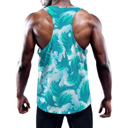 Blue Surfing Wave Pattern Print Training Tank Top