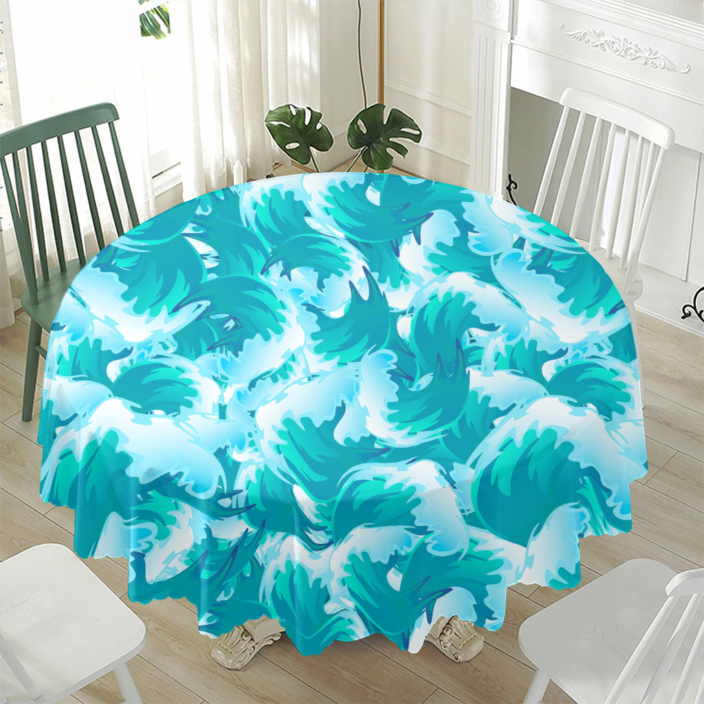 Blue Surfing Wave Pattern Print Waterproof Round Tablecloth