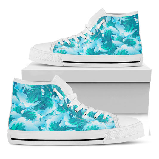 Blue Surfing Wave Pattern Print White High Top Sneakers