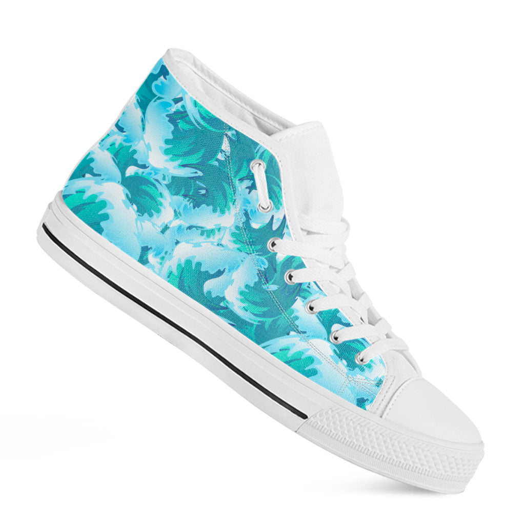 Blue Surfing Wave Pattern Print White High Top Sneakers