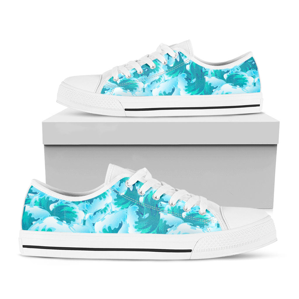 Blue Surfing Wave Pattern Print White Low Top Sneakers
