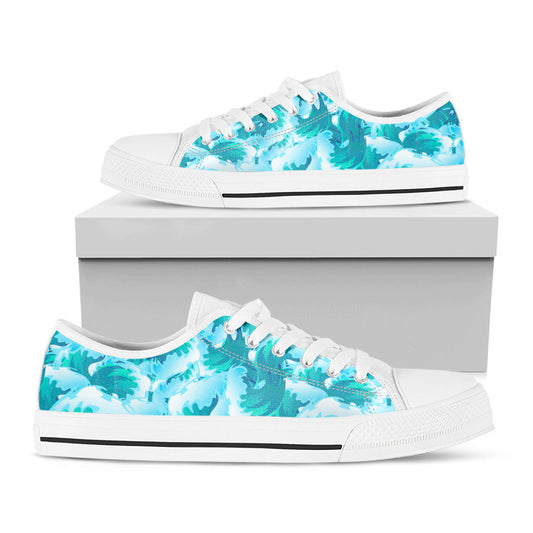 Blue Surfing Wave Pattern Print White Low Top Sneakers