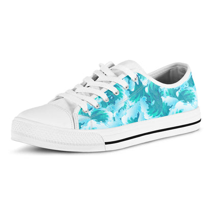 Blue Surfing Wave Pattern Print White Low Top Sneakers