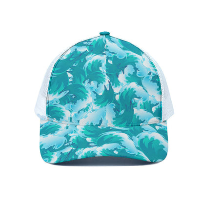 Blue Surfing Wave Pattern Print White Mesh Trucker Cap