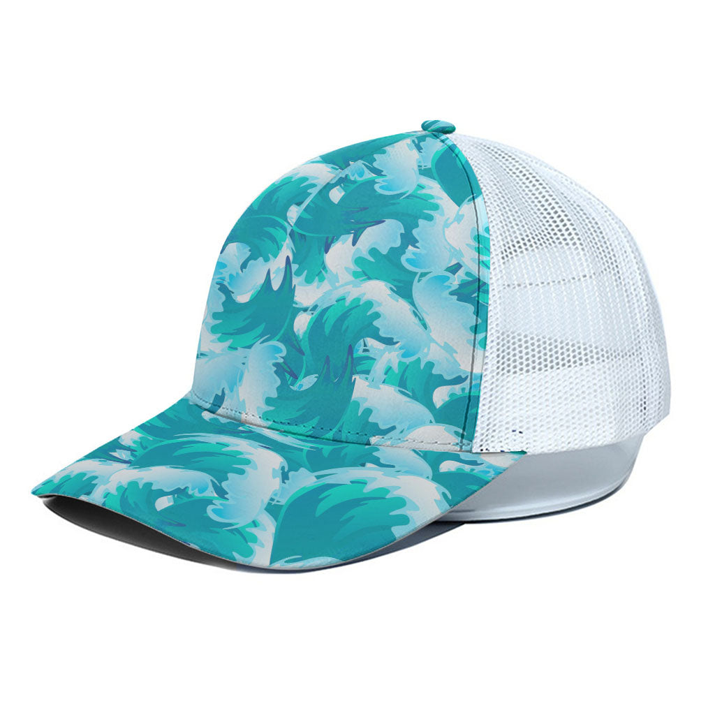 Blue Surfing Wave Pattern Print White Mesh Trucker Cap