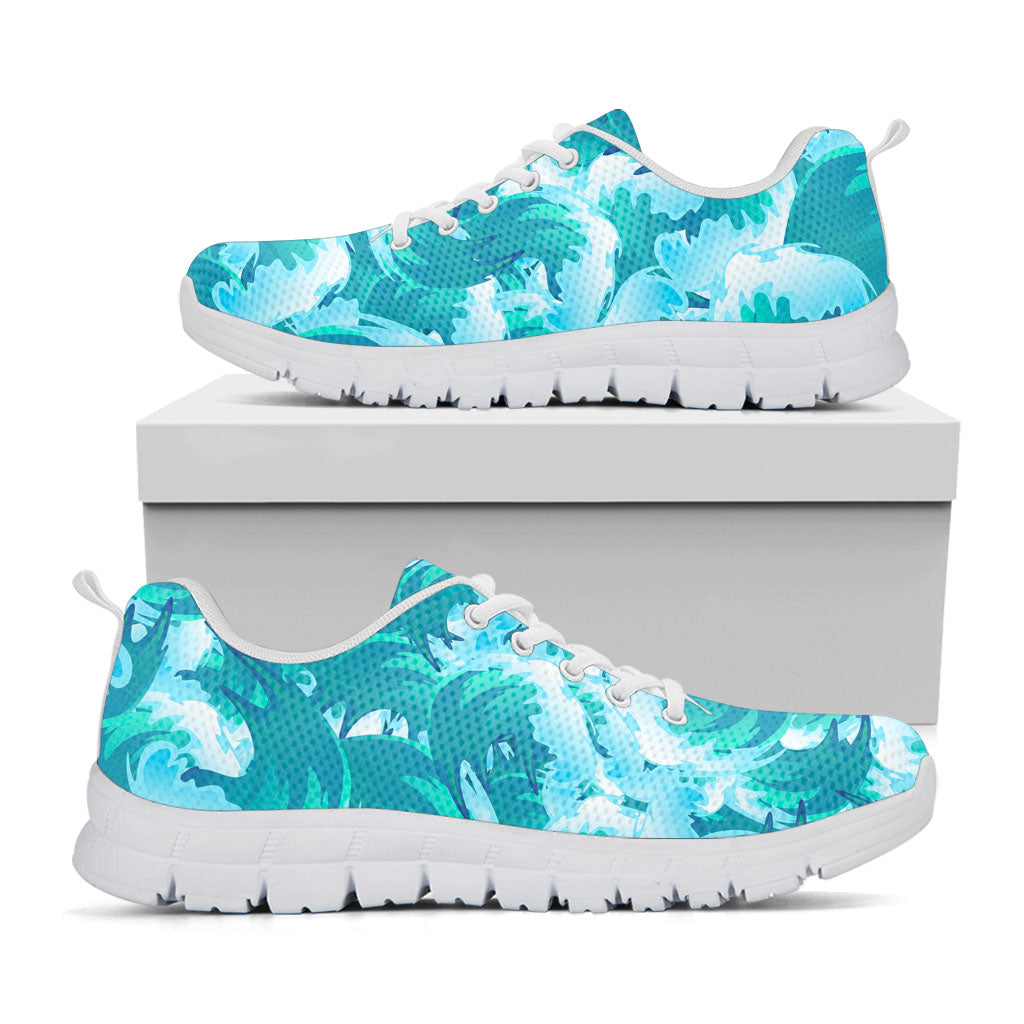 Blue Surfing Wave Pattern Print White Running Shoes