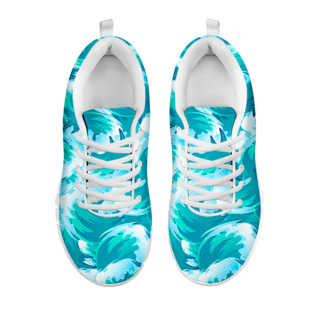 Blue Surfing Wave Pattern Print White Running Shoes