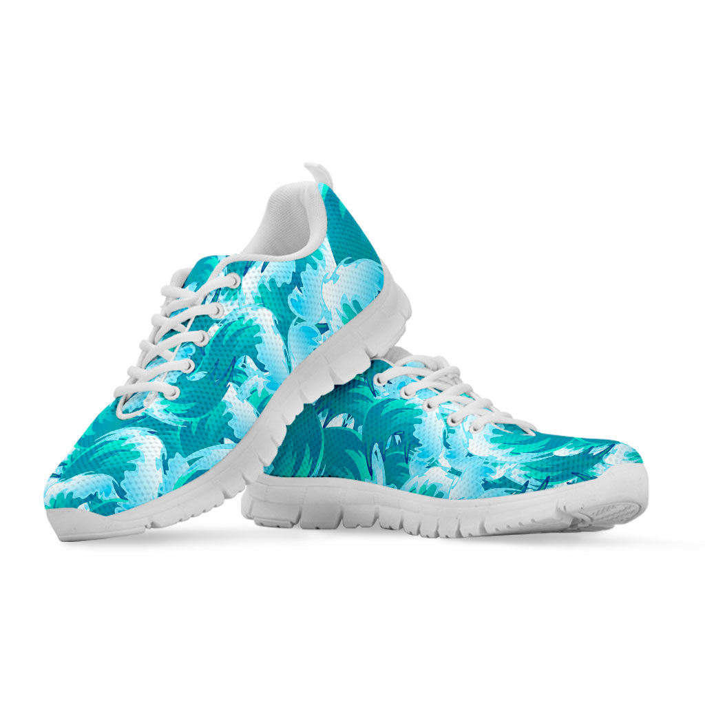 Blue Surfing Wave Pattern Print White Running Shoes