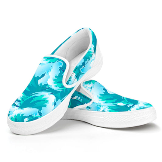 Blue Surfing Wave Pattern Print White Slip On Sneakers