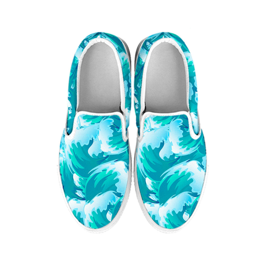 Blue Surfing Wave Pattern Print White Slip On Sneakers