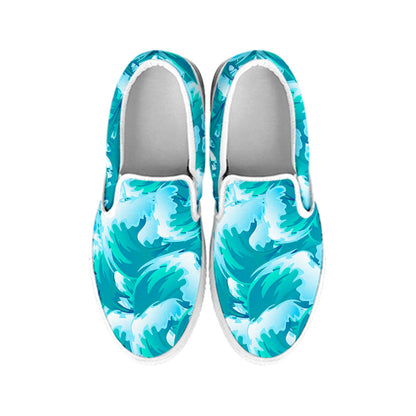 Blue Surfing Wave Pattern Print White Slip On Sneakers