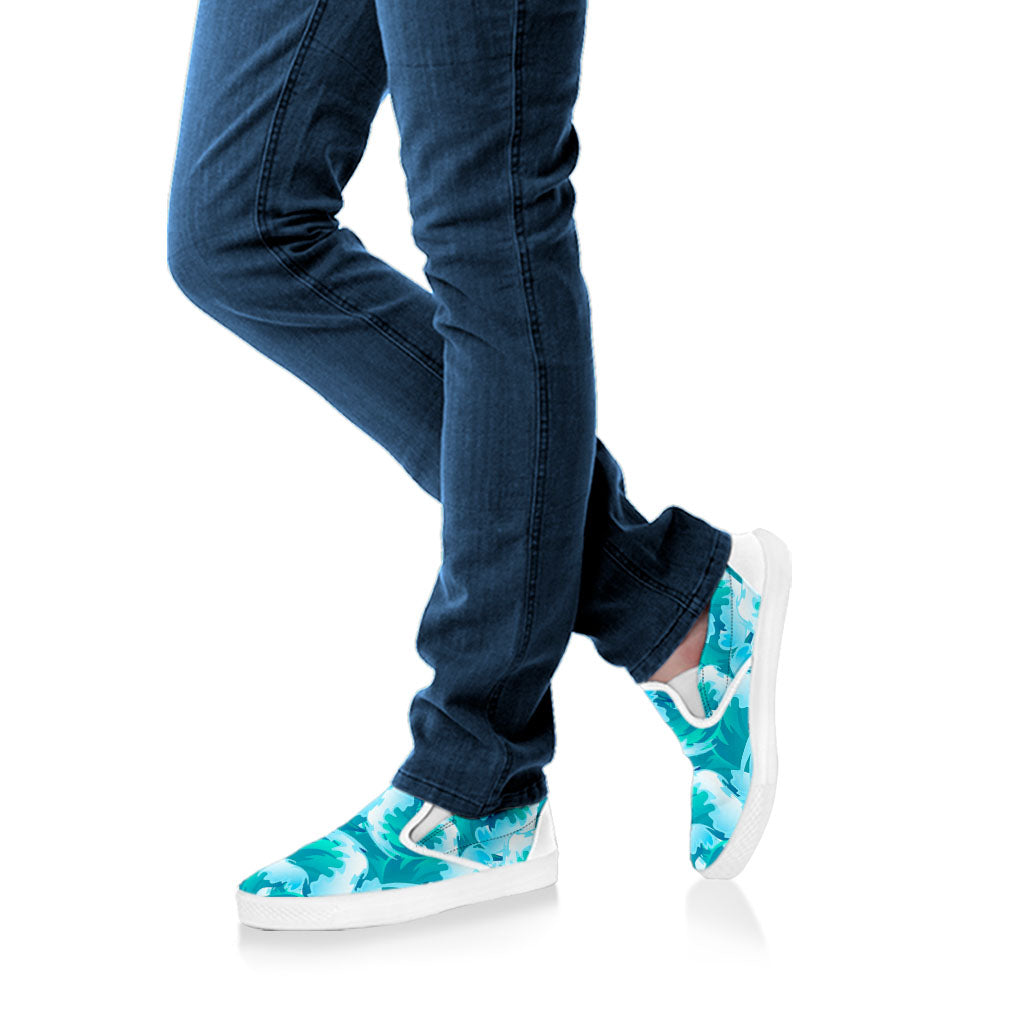 Blue Surfing Wave Pattern Print White Slip On Sneakers