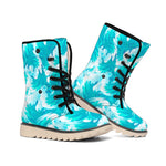 Blue Surfing Wave Pattern Print Winter Boots