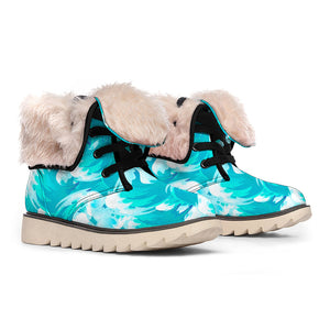 Blue Surfing Wave Pattern Print Winter Boots