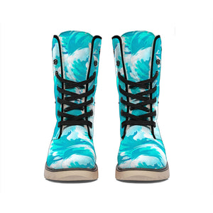 Blue Surfing Wave Pattern Print Winter Boots