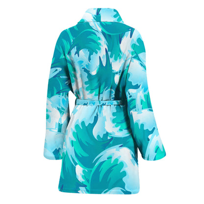 Blue Surfing Wave Pattern Print Women's Bathrobe