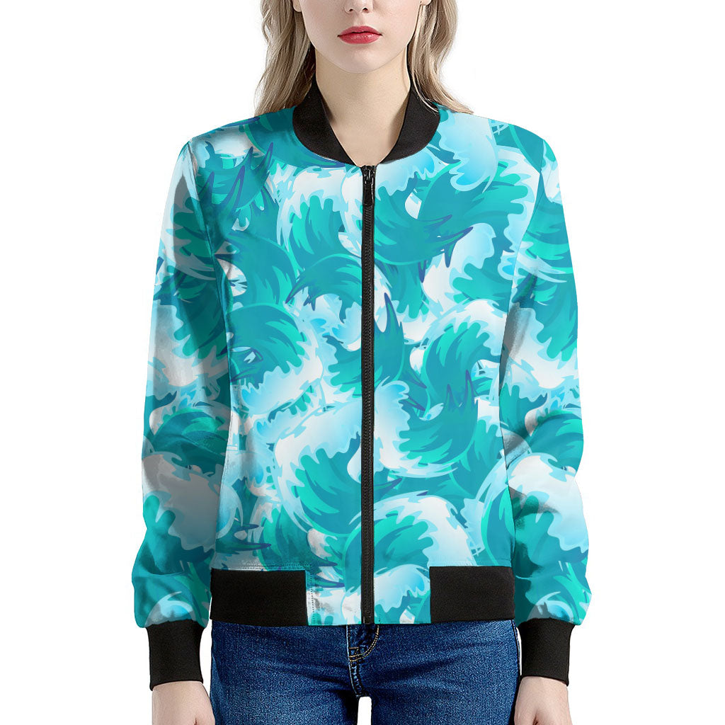 Blue Surfing Wave Pattern Print Women's Bomber Jacket