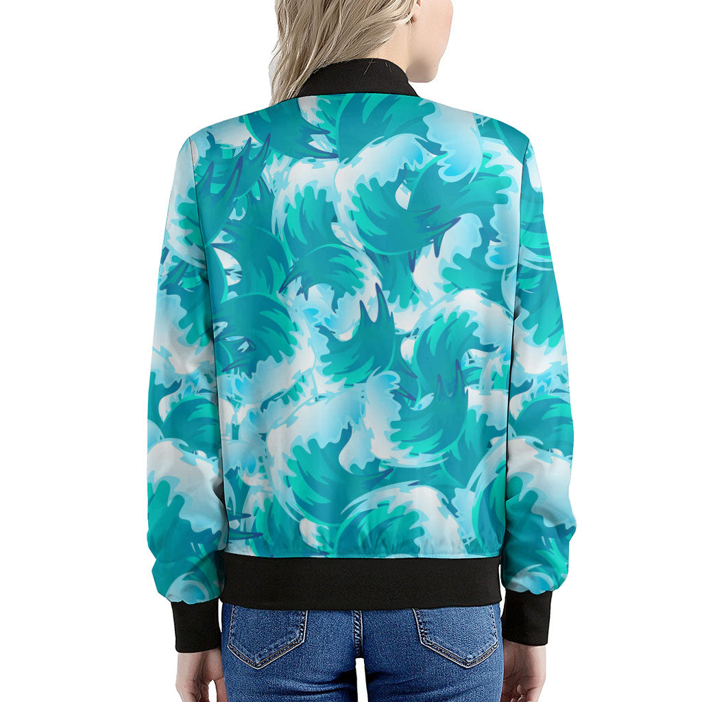 Blue Surfing Wave Pattern Print Women's Bomber Jacket
