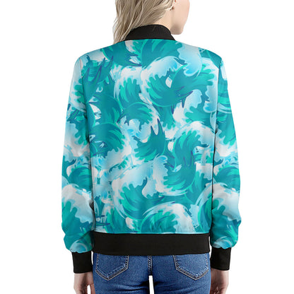 Blue Surfing Wave Pattern Print Women's Bomber Jacket
