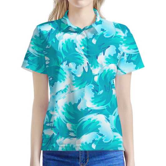 Blue Surfing Wave Pattern Print Women's Polo Shirt