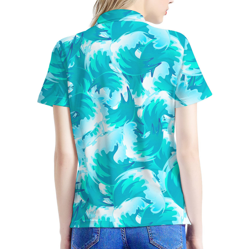 Blue Surfing Wave Pattern Print Women's Polo Shirt