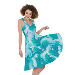 Blue Surfing Wave Pattern Print Women's Sleeveless Dress
