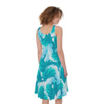 Blue Surfing Wave Pattern Print Women's Sleeveless Dress