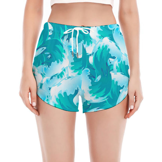 Blue Surfing Wave Pattern Print Women's Split Running Shorts