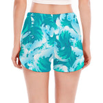 Blue Surfing Wave Pattern Print Women's Split Running Shorts