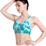 Blue Surfing Wave Pattern Print Women's Sports Bra