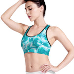 Blue Surfing Wave Pattern Print Women's Sports Bra