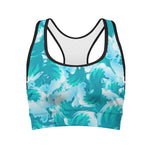 Blue Surfing Wave Pattern Print Women's Sports Bra