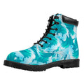 Blue Surfing Wave Pattern Print Padded Collar Lace Up Boots
