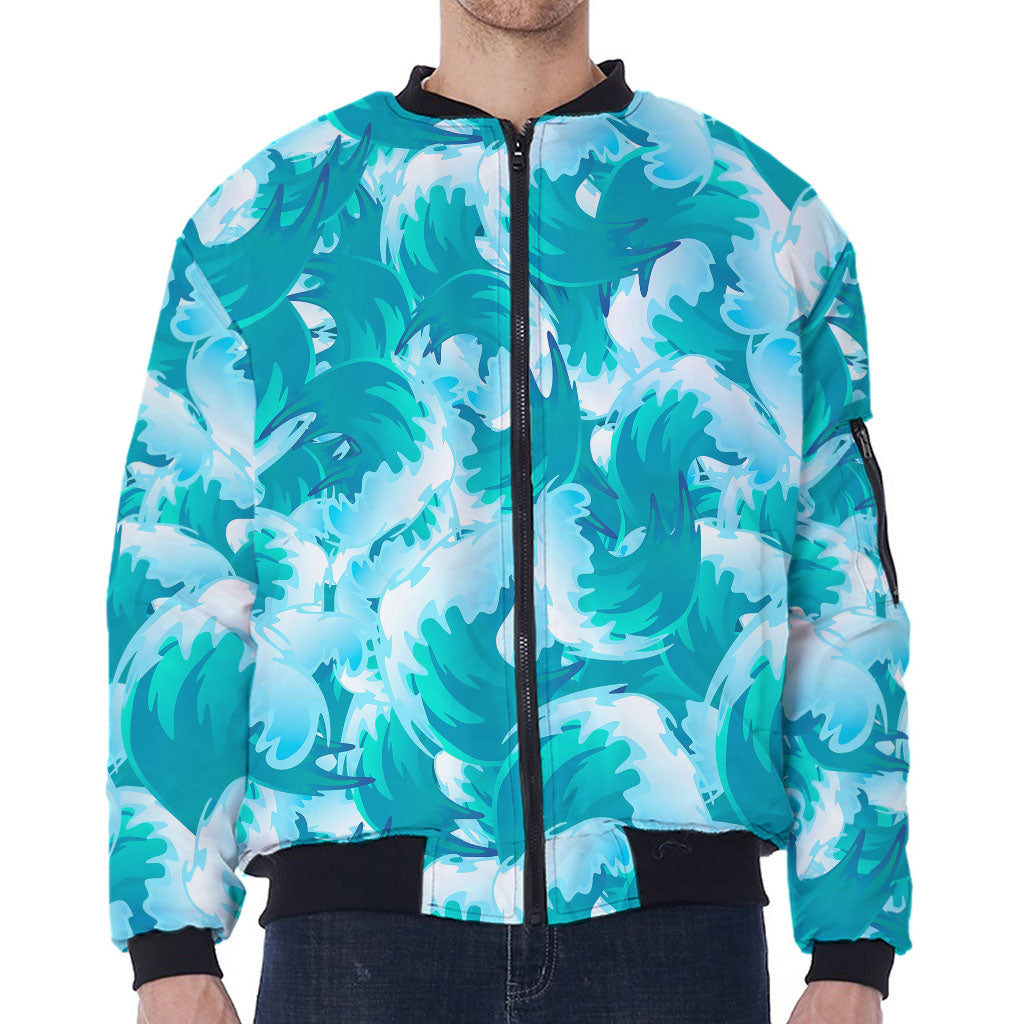 Blue Surfing Wave Pattern Print Zip Sleeve Bomber Jacket